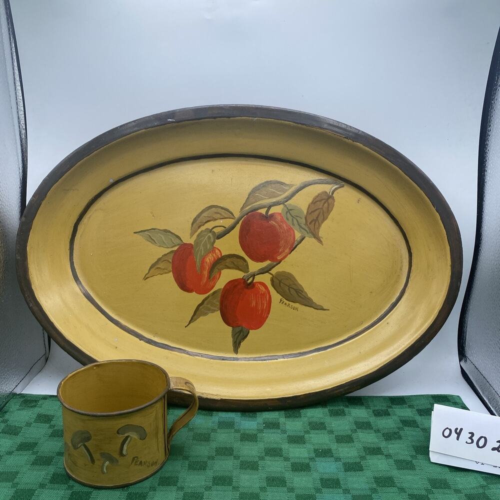 Lot Of 2-Lovely Hand Painted 17” Metal Tray And Tin Cup Signed Pearson